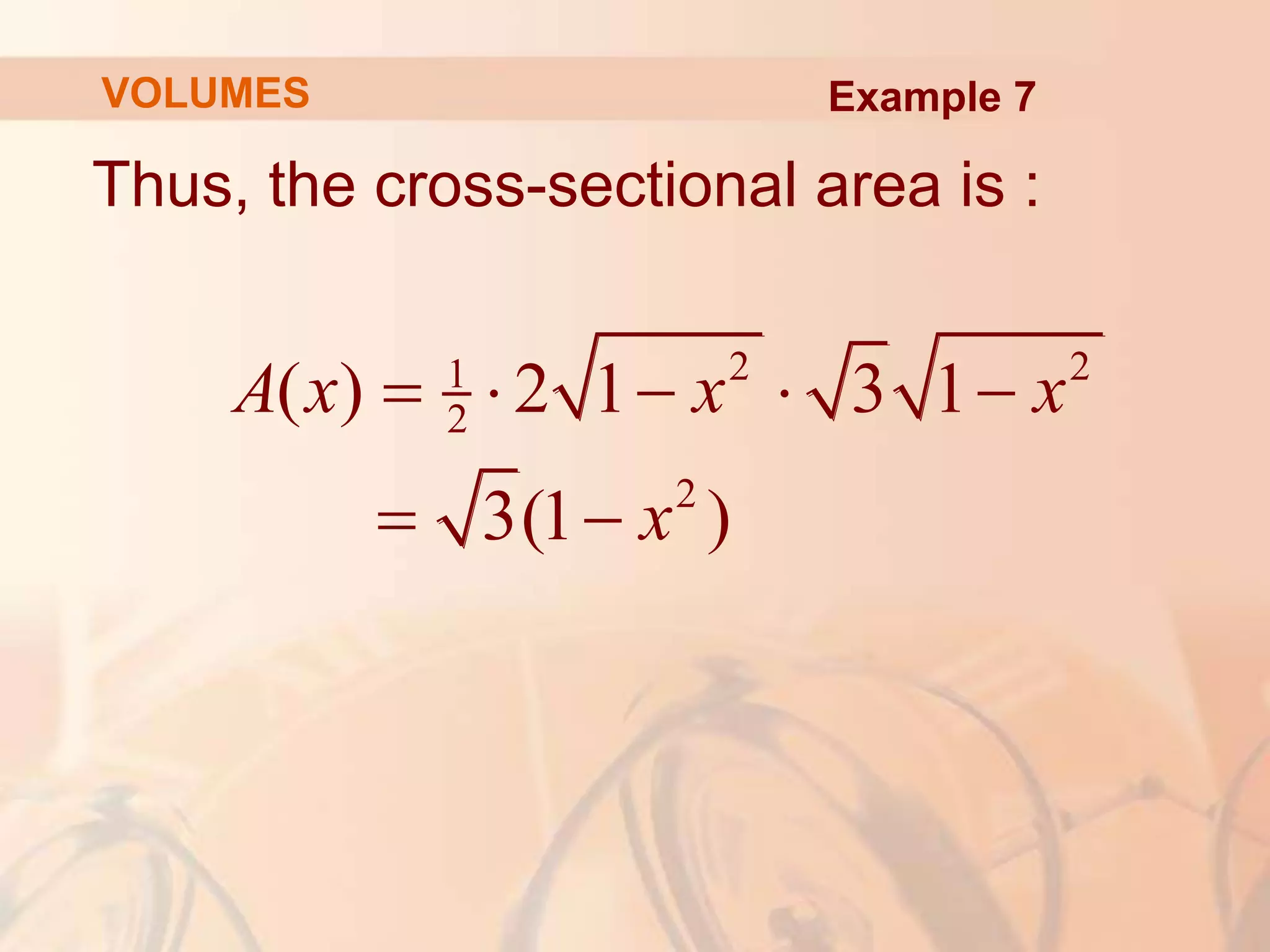 Thus, the cross-sectional area is :
VOLUMES Example 7
2 2
1
2
2
( ) 2 1 3 1
3(1 )
A x x x
x
    
 
 
