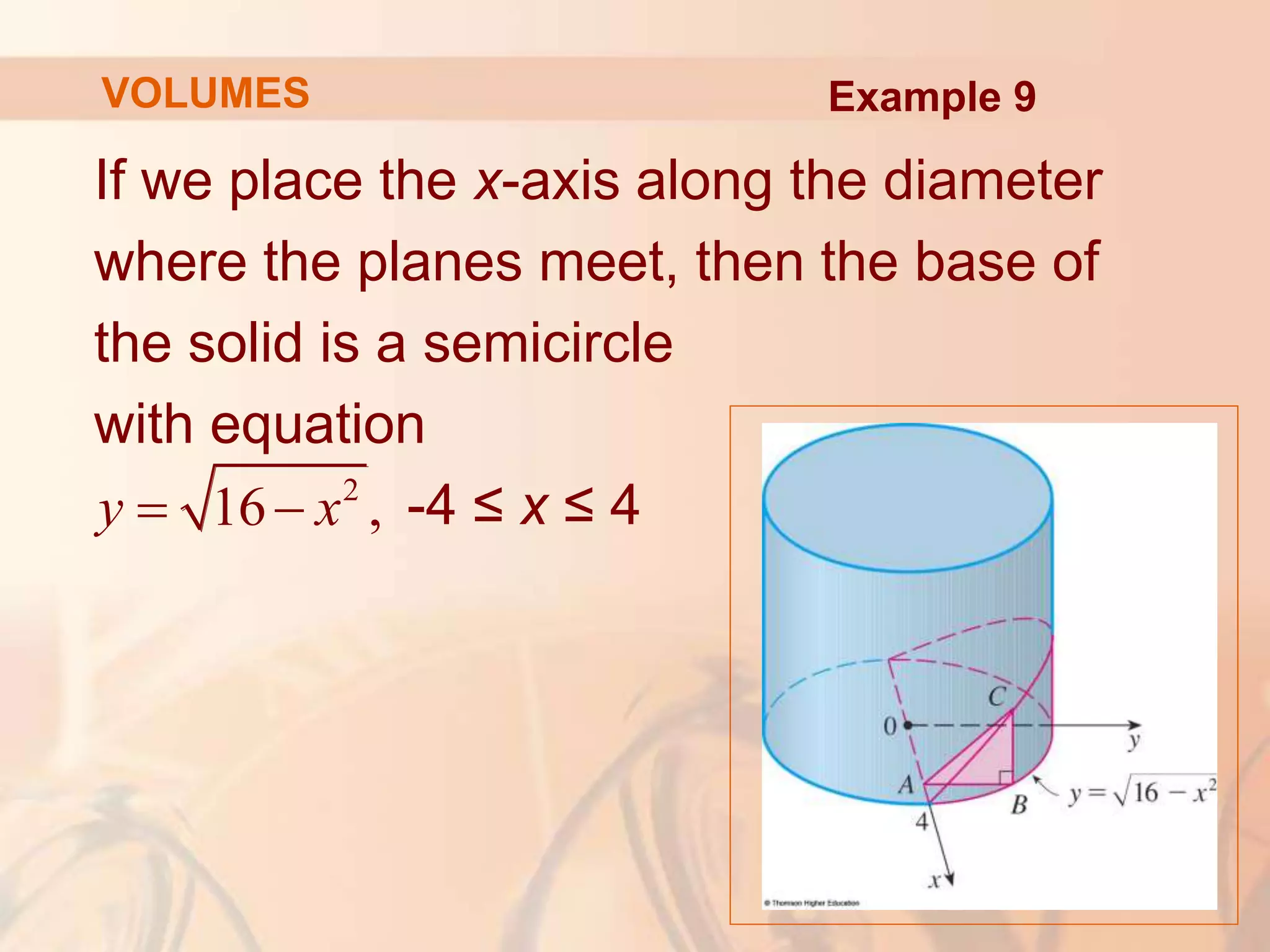 If we place the x-axis along the diameter
where the planes meet, then the base of
the solid is a semicircle
with equation
-4 ≤ x ≤ 4
2
16 ,
y x
 
VOLUMES Example 9
 