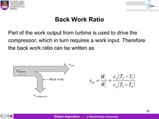16
16Global Aspiration …… A World Class University
( )
( )43
12
TTc
TTc
W
W
r
p
p
t
c
bw
−
−
==


Back Work Ratio
Part of the work output from turbine is used to drive the
compressor, which in turn requires a work input. Therefore
the back work ratio can be written as
 