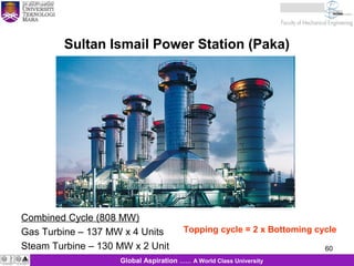 60
KJM 281
60Global Aspiration …… A World Class University
Sultan Ismail Power Station (Paka)
Combined Cycle (808 MW)
Gas Turbine – 137 MW x 4 Units
Steam Turbine – 130 MW x 2 Unit
Topping cycle = 2 x Bottoming cycle
 