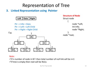 Representation of Tree 
3. Linked Representation using Pointer 
Structure of Node 
Struct node 
{ 
node *Left; 
Int Info; 
node *Right; 
}; 
node *root; 
2 3 
6 7 
By Prof. Raj Sarode 12 
Ptr -> Info = Data 
Ptr -> Left = Left Child 
Ptr -> Right = Right Child 
1 
A 
B C 
4 5 
D E 
F G 
Left Data Right 
E.g. 
Note: 
If n number of node in B.T. then total number of null link will be n+1 
If tree is empty then root will be NULL 
 