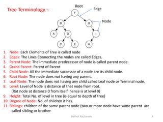 By Prof. Raj Sarode 4 
Tree Terminology :- 
Node 
Root 
Edge 
1. Node: Each Elements of Tree is called node 
2. Edges: The Lines Connecting the nodes are called Edges. 
3. Parent Node: The Immediate predecessor of node is called parent node. 
4. Grand Parent: Parent of Parent 
5. Child Node: All the immediate successor of a node are its child node. 
6. Root Node: The node does not having any parent. 
7. Leaf Node: The node does not having any child called Leaf node or Terminal node. 
8. Level: Level of Node is distance of that node from root. 
(Rot node at distance 0 from itself hence is at level 0) 
9. Height: Total No. of level in tree (is equal to depth of tree) 
10. Degree of Node: No. of children it has. 
11. Siblings: children of the same parent node (two or more node have same parent are 
called sibling or brother 
 