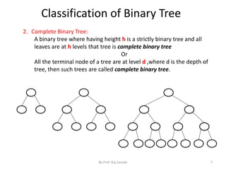 Classification of Binary Tree 
By Prof. Raj Sarode 7 
2. Complete Binary Tree: 
A binary tree where having height h is a strictly binary tree and all 
leaves are at h levels that tree is complete binary tree 
Or 
All the terminal node of a tree are at level d ,where d is the depth of 
tree, then such trees are called complete binary tree. 
 
