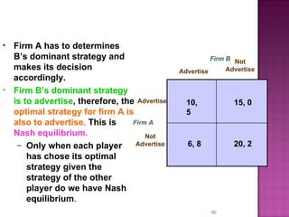 Firm A has to determines B’s dominant strategy and makes its decision accordingly. Firm B’s dominant strategy is to advertise , therefore, the  optimal strategy for firm A is also to advertise.  This is  Nash equilibrium. Only when each player has chose its optimal strategy given the strategy of the other player do we have Nash equilibrium . 10, 5 15, 0 20, 2 6, 8 Firm A Advertise Not Advertise Advertise Not Advertise Firm B 