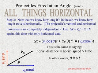 Projectiles Fired at an Angle                   (cont.)



          Step 3: Now that we know how long it’s in the air, we know how
          long it travels horizontally. (The projectile’s vertical and horizontal
          movements are completely independent.) Use ∆x = v0t + ½ a t 2
          again, this time with only horizontal data:

                               ∆x = (v0 cosθ ) t + ½ (0) t 2 = (v0 cosθ ) t
                                         This is the same as saying:
                      v0         horiz. distance = horiz. speed × time
v0 sinθ




                                           In other words, d = v t
                  θ
                      v0 cosθ                             continued on next slide
 