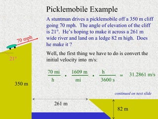 Picklemobile Example
               A stuntman drives a picklemobile off a 350 m cliff
               going 70 mph. The angle of elevation of the cliff
               is 21°. He’s hoping to make it across a 261 m
           h   wide river and land on a ledge 82 m high. Does
      70 mp
               he make it ?
               Well, the first thing we have to do is convert the
21°            initial velocity into m/s:

               70 mi   1609 m            h
                     •        •                 =        31.2861 m/s
                h        mi              3600 s
  350 m
                                                continued on next slide

                  261 m
                                                 82 m
 