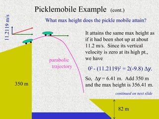 11.2119 m/s
                      Picklemobile Example             (cont.)
                         What max height does the pickle mobile attain?

                                           It attains the same max height as
                                           if it had been shot up at about
                                           11.2 m/s. Since its vertical
                                           velocity is zero at its high pt.,
                          parabolic        we have
                           trajectory       02 - (11.2119)2 = 2(-9.8) ∆y.
                                           So, ∆y = 6.41 m. Add 350 m
              350 m                        and the max height is 356.41 m.
                                                         continued on next slide



                                                          82 m
 