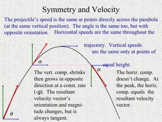 Symmetry and Velocity
The projectile’s speed is the same at points directly across the parabola
(at the same vertical position). The angle is the same too, but with
opposite orientation. Horizontal speeds are the same throughout the

                                       trajectory. Vertical speeds
                                           are the same only at points of
                α
                                               equal height.
                                             α
              The vert. comp. shrinks                The horiz. comp.
              then grows in opposite                 doesn’t change. At
              direction at a const. rate             the peak, the horiz.
              (-g). The resultant                    comp. equals the
              velocity vector’s                      resultant velocity
              orientation and magni-                 vector.
  θ           tude changes, but is
              always tangent.
 