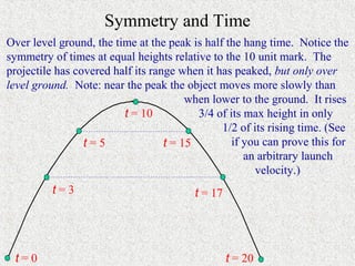 Symmetry and Time
Over level ground, the time at the peak is half the hang time. Notice the
symmetry of times at equal heights relative to the 10 unit mark. The
projectile has covered half its range when it has peaked, but only over
level ground. Note: near the peak the object moves more slowly than
                                        when lower to the ground. It rises
                         t = 10           3/4 of its max height in only
                                               1/2 of its rising time. (See
                 t=5               t = 15         if you can prove this for
                                                     an arbitrary launch
                                                       velocity.)
          t=3                            t = 17




 t=0                                              t = 20
 
