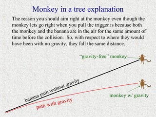 Monkey in a tree explanation
The reason you should aim right at the monkey even though the
monkey lets go right when you pull the trigger is because both
the monkey and the banana are in the air for the same amount of
time before the collision. So, with respect to where they would
have been with no gravity, they fall the same distance.

                                                  “gravity-free” monkey



                                              t   y
                                       r a vi
                               tho ut g
                           i
                 pa th w                                       monkey w/ gravity
             a
      ba nan                y
                    h gravit
            path wit
 