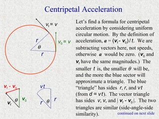 Centripetal Acceleration
                                      Let’s find a formula for centripetal
                    vf = v
                                      acceleration by considering uniform
                                      circular motion. By the definition of
           r                 v0 = v   acceleration, a = (vf - v0) / t. We are
           θ                          subtracting vectors here, not speeds,
               r                      otherwise a would be zero. (v0 and
                                      vf have the same magnitudes.) The
                                      smaller t is, the smaller θ will be,
                                      and the more the blue sector will
                                      approximate a triangle. The blue
vf - v0        vt                     “triangle” has sides r, r, and v t
                                      (from d = v t ). The vector triangle
 vf θ v0       r θ r                  has sides v, v, and | vf - v0 |. The two
                                      triangles are similar (side-angle-side
                                      similarity).         continued on next slide
 