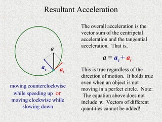 Resultant Acceleration
                           The overall acceleration is the
                           vector sum of the centripetal
                           acceleration and the tangential
                           acceleration. That is,
                  a
                                     a = ac + at
             ac       at   This is true regardless of the
                           direction of motion. It holds true
                           even when an object is not
moving counterclockwise
                           moving in a perfect circle. Note:
 while speeding up or       The equation above does not
moving clockwise while     include v. Vectors of different
     slowing down          quantities cannot be added!
 