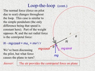 Loop-the-loop              (cont.)
The normal force (force on pilot
due to seat) changes throughout
the loop. This case is similar to
the simple pendulum (the only
difference being that speed is
constant here). Part of the weight
opposes N, and the net radial force                     r
is the centripetal force:                                   θ
                                                   N
N - mg cosθ = mac = mv / r  2

                                          θ     mg sinθ
We’ve been discussing           mg cosθ
the pilot, but what force
                                          mg
causes the plane to turn?
Answer:     The air provides the centripetal force on plane
 