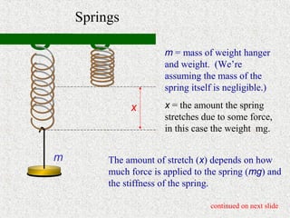Springs

                       m = mass of weight hanger
                       and weight. (We’re
                       assuming the mass of the
                       spring itself is negligible.)

              x        x = the amount the spring
                       stretches due to some force,
                       in this case the weight mg.


m        The amount of stretch (x) depends on how
         much force is applied to the spring (mg) and
         the stiffness of the spring.

                                   continued on next slide
 