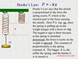 Hooke’s Law: F = - k x
                Hooke’s Law says that the stretch
                is proportional to the force the
                spring exerts, F, which is the
                reaction pair to the force causing
                the stretch. Here F is mg up, since
                the spring is pulling up on the
    x           weight hanger with a force of mg.
                The negative sign is there because
                as the spring is stretched
                downward, the force it exerts on the
m               weight is upward. The constant of
                proportionality is the spring
                constant, k. The bigger k is, the
                stiffer the spring, and the harder it
                                       continued on next slide
                is to stretch it.
 