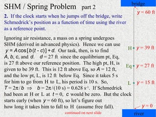 bridge
SHM / Spring Problem                 part 2
                                                                y = 60 ft
2. If the clock starts when he jumps off the bridge, write
Schmedrick’s position as a function of time using the river
as a reference point.
Ignoring air resistance, a mass on a spring undergoes
SHM (derived in advanced physics). Hence we can use
 y = A cos [ b (t - c) ] + d. Our task, then, is to find   H y = 39 ft
A, b, c, and d. d = 27 ft since the equilibrium pt, Eq,
is 27 ft above our reference position. The high pt, H, is
                                                          Eq y = 27 ft
given to be 39 ft. This is 12 ft above Eq, so A = 12 ft,
and the low pt, L, is 12 ft below Eq. Since it takes 5 s
for him to go from H to L, his period is 10 s. So,         L y = 15 ft
T = 2π / b ⇒ b = 2π / (10 s) = 0.628 s-1. If Schmedrick
had been at H or L at t = 0, c would be zero. But the clock
starts early (when y = 60 ft), so let’s figure out
how long it takes him to fall to H (assume free fall).           y=0
                                continued on next slide      river
 