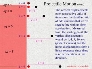 ∆y = 1
          t=0               Projectile Motion (cont.)
          t=1
∆y = 3          x=1                The vertical displacements
                                   over consecutive units of
          t=2                      time show the familiar ratio
                x=2                of odd numbers that we’ve
                                   seen before with uniform
∆y = 5
                                   acceleration. Measured
                                   from the starting point, the
          t=3                      vertical displacements
                      x=3          would be 1, 4, 9, 16, etc.,
                                   (perfect squares), but the
                                   horiz. displacements form a
 ∆y = 7                            linear sequence since there
                                   is no acceleration in that
                                   direction.
                      x=4
          t=4                               continued on next slide
 