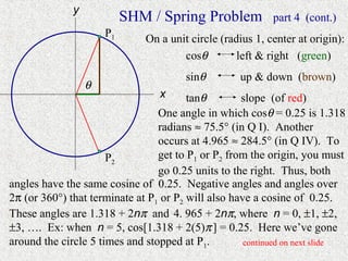 y
                           SHM / Spring Problem            part 4 (cont.)
                      P1      On a unit circle (radius 1, center at origin):
                                      cosθ         left & right (green)
                                       sinθ         up & down (brown)
                  θ
                                  x     tanθ        slope (of red)
                                 One angle in which cosθ = 0.25 is 1.318
                                 radians ≈ 75.5° (in Q I). Another
                                 occurs at 4.965 ≈ 284.5° (in Q IV). To
                      P2         get to P1 or P2 from the origin, you must
                                 go 0.25 units to the right. Thus, both
angles have the same cosine of 0.25. Negative angles and angles over
2π (or 360°) that terminate at P1 or P2 will also have a cosine of 0.25.
These angles are 1.318 + 2nπ and 4. 965 + 2nπ, where n = 0, ±1, ±2,
±3, …. Ex: when n = 5, cos[1.318 + 2(5)π ] = 0.25. Here we’ve gone
around the circle 5 times and stopped at P1.         continued on next slide
 
