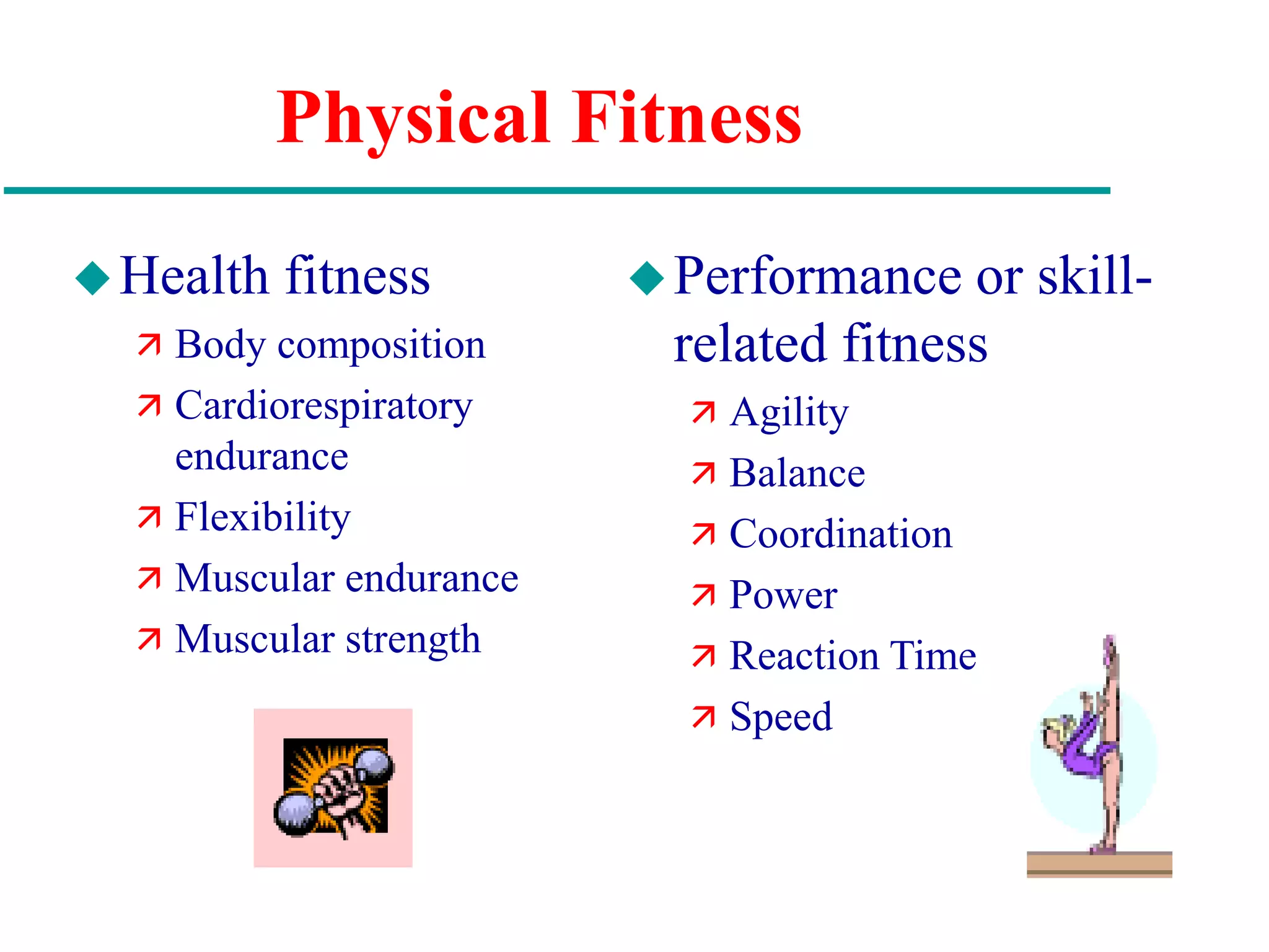 Physical Fitness
Health fitness
 Body composition
 Cardiorespiratory
endurance
 Flexibility
 Muscular endurance
 Muscular strength
Performance or skill-
related fitness
 Agility
 Balance
 Coordination
 Power
 Reaction Time
 Speed
 