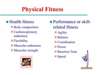 Physical Fitness
Health fitness
 Body composition
 Cardiorespiratory
endurance
 Flexibility
 Muscular endurance
 Muscular strength
Performance or skill-
related fitness
 Agility
 Balance
 Coordination
 Power
 Reaction Time
 Speed
 