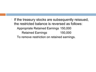  If the treasury stocks are subsequently reissued,
the restricted balance is reversed as follows:
Appropriate Retained Earnings 150,000
Retained Earnings 150,000
To remove restriction on retained earnings.
 