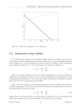 CHAPITRE 7. CIRCUITS MAGN´ETIQUES ET INDUCTANCE
0 200 400 600 800 1000 1200
0
0.2
0.4
0.6
0.8
1
1.2
1.4
H (A/m)
B(T)
Donc B = 1.0T (selon le graphe) et H ≈ 200 A/m.
7.4 Inductance d’une bobine
On consid`ere une bobine de N tours dans laquelle circule un courant I. La bobine se
trouve dans un milieu magn´etiquement lin´eaire (comme l’air). Le ﬂux magn´etique produit
par la bobine est ϕ. Le ﬂux produit par la bobine traverse la bobine. Le ﬂux magn´etique
total coupl´e `a la bobine est Λ = Nϕ. L’inductance de la bobine est d´eﬁnie par :
L =
Λ
I
=
Nϕ
I
=
N2
R
(7.17)
Dans le cas d’une inductance `a air (o`u le milieu magn´etique est de l’air), la valeur de
l’inductance est fonction du nombre de tours et de la perm´eabilit´e du milieu. Elle est aussi
ind´ependante de la fr´equence et du courant. Par contre, la r´eluctance est diﬃcile `a calculer
parce que le ﬂux suit un parcours pas bien d´eﬁnit.
Dans le cas d’une bobine sur un mat´eriau magn´etique, le ﬂux est tr`es concentr´e dans le
mat´eriau magn´etique. Le ﬂux cr´e´e par la bobine circule donc en totalit´e dans le noyau. Le
ﬂux total coupl´e `a la bobine est ´egal `a :
L =
Λ
I
=
Nϕ
I
=
N2
R
(7.18)
comme dans le cas d’une bobine `a air. Par contre, la r´eluctance n’est pas constante ; elle
d´epend du courant I parce que la perm´eabilit´e du mat´eriau n’est pas lin´eaire.
Gabriel Cormier 12 GEN1153
 