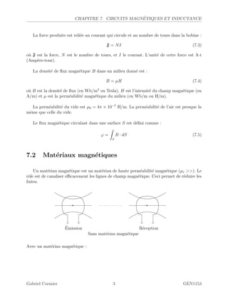 CHAPITRE 7. CIRCUITS MAGN´ETIQUES ET INDUCTANCE
La force produite est reli´ee au courant qui circule et au nombre de tours dans la bobine :
F = NI (7.3)
o`u F est la force, N est le nombre de tours, et I le courant. L’unit´e de cette force est A·t
(Amp`ere-tour).
La densit´e de ﬂux magn´etique B dans un milieu donn´e est :
B = µH (7.4)
o`u B est la densit´e de ﬂux (en Wb/m2
ou Tesla), H est l’intensit´e du champ magn´etique (en
A/m) et µ est la perm´eabilit´e magn´etique du milieu (en Wb/m ou H/m).
La perm´eabilit´e du vide est µ0 = 4π × 10−7
H/m. La perm´eabilit´e de l’air est presque la
mˆeme que celle du vide.
Le ﬂux magn´etique circulant dans une surface S est d´eﬁni comme :
ϕ =
S
B · dS (7.5)
7.2 Mat´eriaux magn´etiques
Un mat´eriau magn´etique est un mat´eriau de haute perm´eabilit´e magn´etique (µr ). Le
rˆole est de canaliser eﬃcacement les lignes de champ magn´etique. Ceci permet de r´eduire les
fuites.
- -
´Emission R´eception
Sans mat´eriau magn´etique
Avec un mat´eriau magn´etique :
Gabriel Cormier 3 GEN1153
 
