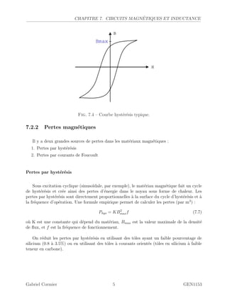 CHAPITRE 7. CIRCUITS MAGN´ETIQUES ET INDUCTANCE
Fig. 7.4 – Courbe hyst´er´esis typique.
7.2.2 Pertes magn´etiques
Il y a deux grandes sources de pertes dans les mat´eriaux magn´etiques :
1. Pertes par hyst´er´esis
2. Pertes par courants de Foucoult
Pertes par hyst´er´esis
Sous excitation cyclique (sinuso¨ıdale, par exemple), le mat´eriau magn´etique fait un cycle
de hyst´er´esis et cr´ee ainsi des pertes d’´energie dans le noyau sous forme de chaleur. Les
pertes par hyst´er´esis sont directement proportionnelles `a la surface du cycle d’hyst´er´esis et `a
la fr´equence d’op´eration. Une formule empirique permet de calculer les pertes (par m3
) :
Phys = KB2
maxf (7.7)
o`u K est une constante qui d´epend du mat´eriau, Bmax est la valeur maximale de la densit´e
de ﬂux, et f est la fr´equence de fonctionnement.
On r´eduit les pertes par hyst´er´esis en utilisant des tˆoles ayant un faible pourcentage de
silicium (0.8 `a 3.5%) ou en utilisant des tˆoles `a courants orient´es (tˆoles en silicium `a faible
teneur en carbone).
Gabriel Cormier 5 GEN1153
 