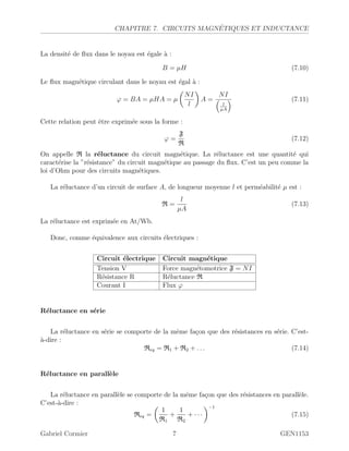 CHAPITRE 7. CIRCUITS MAGN´ETIQUES ET INDUCTANCE
La densit´e de ﬂux dans le noyau est ´egale `a :
B = µH (7.10)
Le ﬂux magn´etique circulant dans le noyau est ´egal `a :
ϕ = BA = µHA = µ
NI
l
A =
NI
l
µA
(7.11)
Cette relation peut ˆetre exprim´ee sous la forme :
ϕ =
F
R
(7.12)
On appelle R la r´eluctance du circuit magn´etique. La r´eluctance est une quantit´e qui
caract´erise la ”r´esistance” du circuit magn´etique au passage du ﬂux. C’est un peu comme la
loi d’Ohm pour des circuits magn´etiques.
La r´eluctance d’un circuit de surface A, de longueur moyenne l et perm´eabilit´e µ est :
R =
l
µA
(7.13)
La r´eluctance est exprim´ee en At/Wb.
Donc, comme ´equivalence aux circuits ´electriques :
Circuit ´electrique Circuit magn´etique
Tension V Force magn´etomotrice F = NI
R´esistance R R´eluctance R
Courant I Flux ϕ
R´eluctance en s´erie
La r´eluctance en s´erie se comporte de la mˆeme fa¸con que des r´esistances en s´erie. C’est-
`a-dire :
Req = R1 + R2 + . . . (7.14)
R´eluctance en parall`ele
La r´eluctance en parall`ele se comporte de la mˆeme fa¸con que des r´esistances en parall`ele.
C’est-`a-dire :
Req =
1
R1
+
1
R2
+ · · ·
−1
(7.15)
Gabriel Cormier 7 GEN1153
 