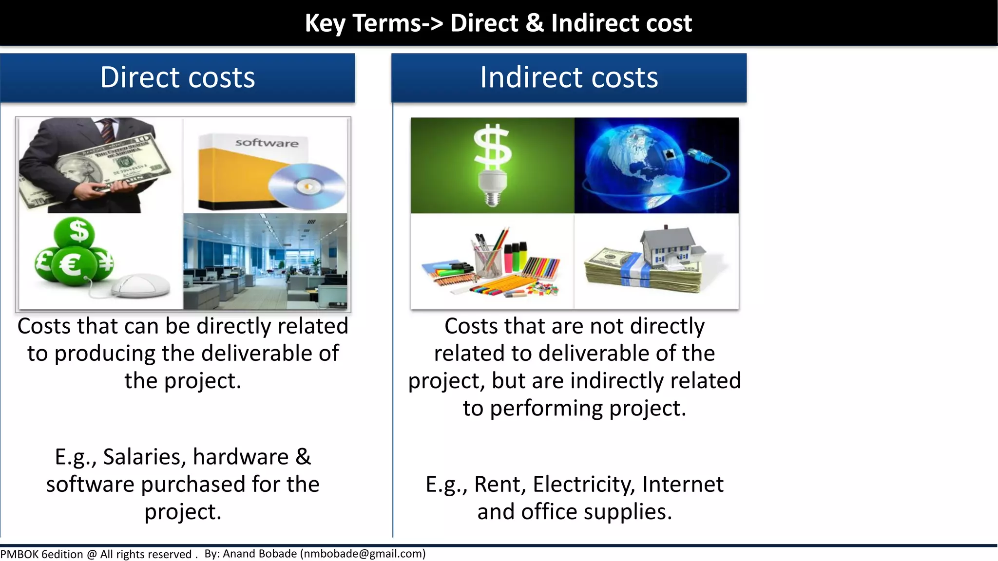 By: Anand Bobade (nmbobade@gmail.com)PMBOK 6edition @ All rights reserved .
Costs that can be directly related
to producing the deliverable of
the project.
E.g., Salaries, hardware &
software purchased for the
project.
Direct costs
Costs that are not directly
related to deliverable of the
project, but are indirectly related
to performing project.
E.g., Rent, Electricity, Internet
and office supplies.
Indirect costs
Key Terms-> Direct & Indirect cost
 