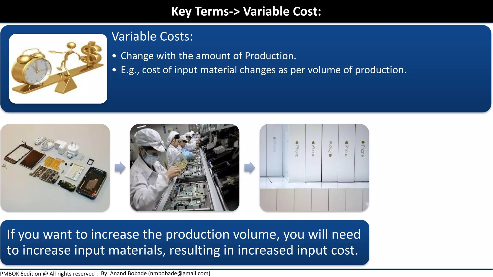 By: Anand Bobade (nmbobade@gmail.com)PMBOK 6edition @ All rights reserved .
Variable Costs:
• Change with the amount of Production.
• E.g., cost of input material changes as per volume of production.
If you want to increase the production volume, you will need
to increase input materials, resulting in increased input cost.
Key Terms-> Variable Cost:
 