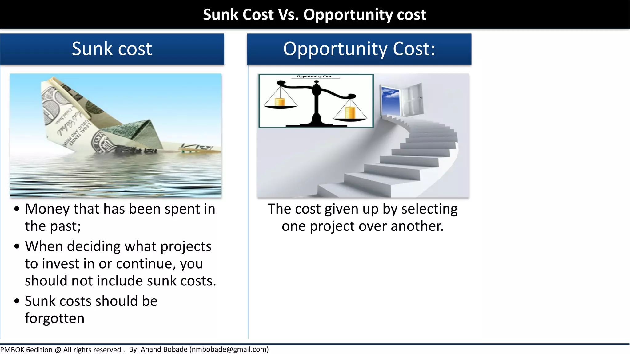 By: Anand Bobade (nmbobade@gmail.com)PMBOK 6edition @ All rights reserved .
• Money that has been spent in
the past;
• When deciding what projects
to invest in or continue, you
should not include sunk costs.
• Sunk costs should be
forgotten
Sunk cost
The cost given up by selecting
one project over another.
Opportunity Cost:
Sunk Cost Vs. Opportunity cost
 