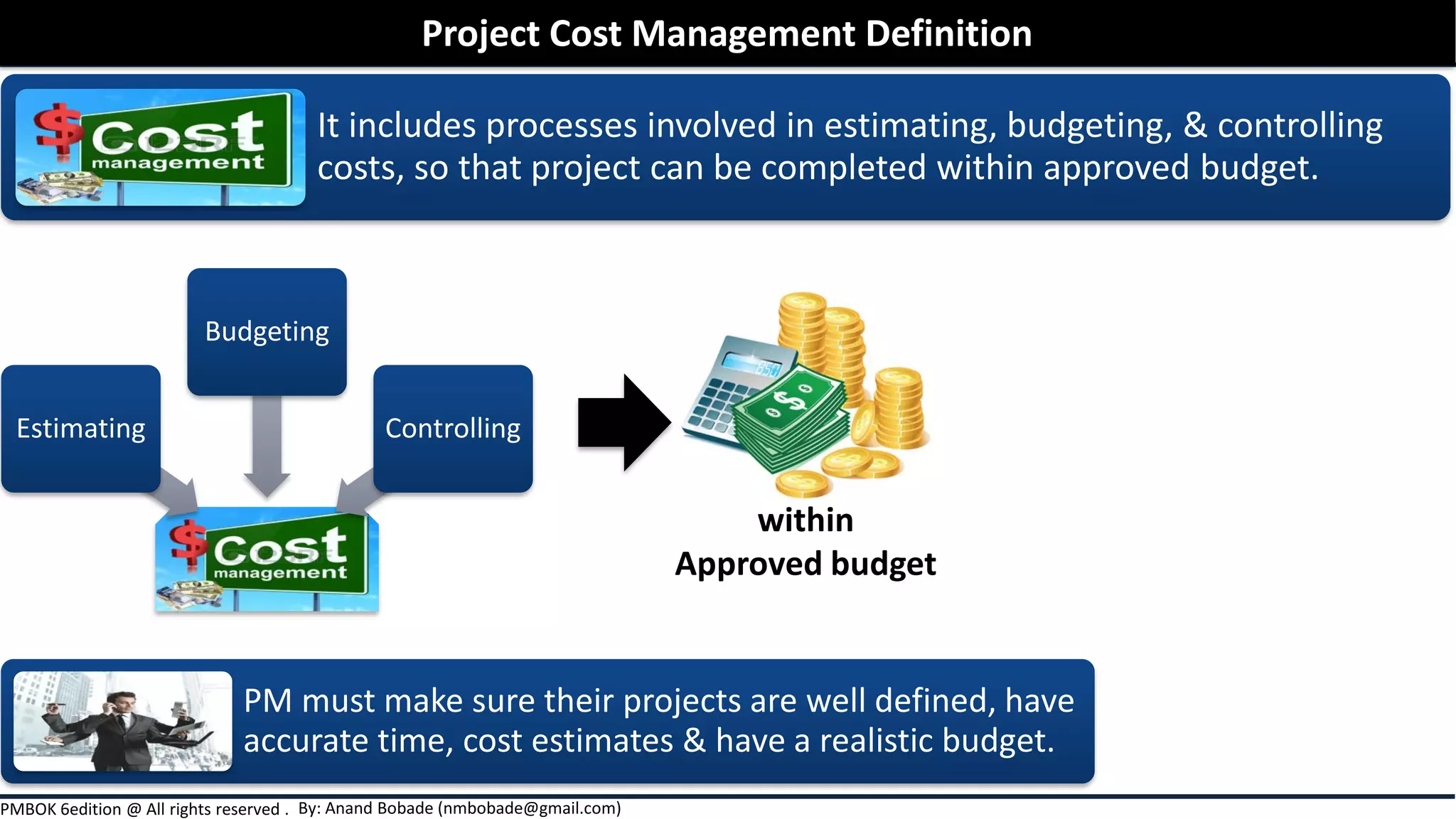 By: Anand Bobade (nmbobade@gmail.com)PMBOK 6edition @ All rights reserved .
It includes processes involved in estimating, budgeting, & controlling
costs, so that project can be completed within approved budget.
Estimating
Budgeting
Controlling
Project Cost Management Definition
within
Approved budget
PM must make sure their projects are well defined, have
accurate time, cost estimates & have a realistic budget.
 