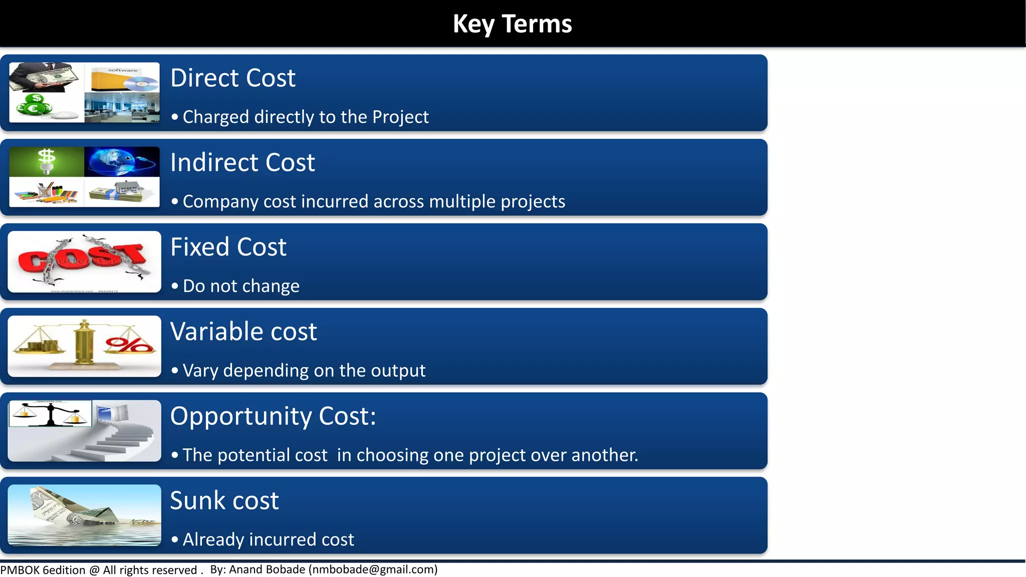 By: Anand Bobade (nmbobade@gmail.com)PMBOK 6edition @ All rights reserved .
Direct Cost
•Charged directly to the Project
Indirect Cost
•Company cost incurred across multiple projects
Fixed Cost
•Do not change
Variable cost
•Vary depending on the output
Opportunity Cost:
•The potential cost in choosing one project over another.
Sunk cost
•Already incurred cost
Key Terms
 