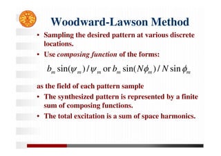 Woodward-Lawson Method
• Sampling the desired pattern at various discrete
locations.
• Use composing function of the forms:
as the field of each pattern sample
• The synthesized pattern is represented by a finite
sum of composing functions.
• The total excitation is a sum of space harmonics.
m
m
m
m
m
m N
N
b
b 


 sin
/
)
sin(
or
/
)
sin(
 