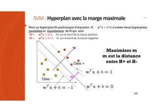 SVM:Hyperplan avec lamargemaximale 149
149
Class -
Class +
m
Maximiser m
m est la distance
entre H+ et H-
Pour un hyperplan H quelconque d’équation 𝑯: 𝒘𝑻𝒙 + 𝑏=0, il existe deux hyperplans
parallèles et équidistants de H qui sont
𝑯+: 𝒘𝑻
𝒙 + 𝑏=1 H+ sur le bord de la classe positive
𝑯−: 𝒘𝑻𝒙 + 𝑏=-1 H- sur le bord de la classe négative
 