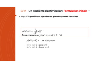 SVM: Unproblèmed’optimisation:Formulationinitiale 153
Il s’agit d’un problème d’optimisation quadratique avec contrainte
Sous contrainte
𝒚𝒊 𝒘𝑻
𝒙𝒊 + 𝒃 ≥ 𝟏 ∀𝒊 𝑠𝑖𝑔𝑛𝑖𝑓𝑖𝑒 𝑞𝑢𝑒
𝑤 𝑥 + 𝑏 ≥ 1 pour 𝑦 =1
𝑤 𝑥 + 𝑏 ≤ −1 pour 𝑦 =-1
 