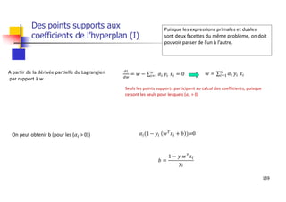 159
Puisque les expressions primales et duales
sont deux facettes du même problème, on doit
pouvoir passer de l’un à l’autre.
Des points supports aux
coefficients de l’hyperplan (I)
A partir de la dérivée partielle du Lagrangien
par rapport à w
= 𝑤 − ∑ 𝛼 𝑦 𝑥 = 0 𝑤 = ∑ 𝛼 𝑦 𝑥
Seuls les points supports participent au calcul des coefficients, puisque
ce sont les seuls pour lesquels (𝛼 > 0)
On peut obtenir b (pour les (𝛼 > 0)) 𝛼 (1− 𝑦 𝑤 𝑥 + 𝑏 )=0
𝑏 =
1 − 𝑦 𝑤 𝑥
𝑦
 