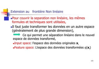 172
Extension au frontière Non linéaire
Pour couvrir la separation non linéaire, les mêmes
formules et techniques sont utilisées,
Il faut juste transformer les données en un autre espace
(généralement de plus grande dimension),
Ce qui permet une séparation linéaire dans le nouvel
espace de données transformé,
Input space: l’espace des données originales xi
Feature space: L’espace des données transformées f(xi)
 