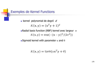 179
Exemples de Kernel Functions
 kernel polynomial de degré d
 Radial basis function (RBF) kernel avec largeur s
 Sigmoid kernel with parameter k and q
 