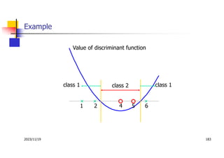 2023/11/19 183
Example
Value of discriminant function
1 2 4 5 6
class 2 class 1
class 1
 