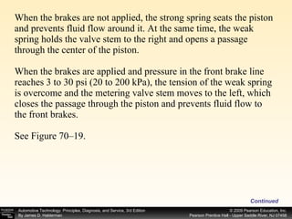When the brakes are not applied, the strong spring seats the piston and prevents fluid flow around it. At the same time, the weak spring holds the valve stem to the right and opens a passage through the center of the piston. When the brakes are applied and pressure in the front brake line reaches 3 to 30 psi (20 to 200 kPa), the tension of the weak spring is overcome and the metering valve stem moves to the left, which closes the passage through the piston and prevents fluid flow to the front brakes. See Figure 70–19. Continued 