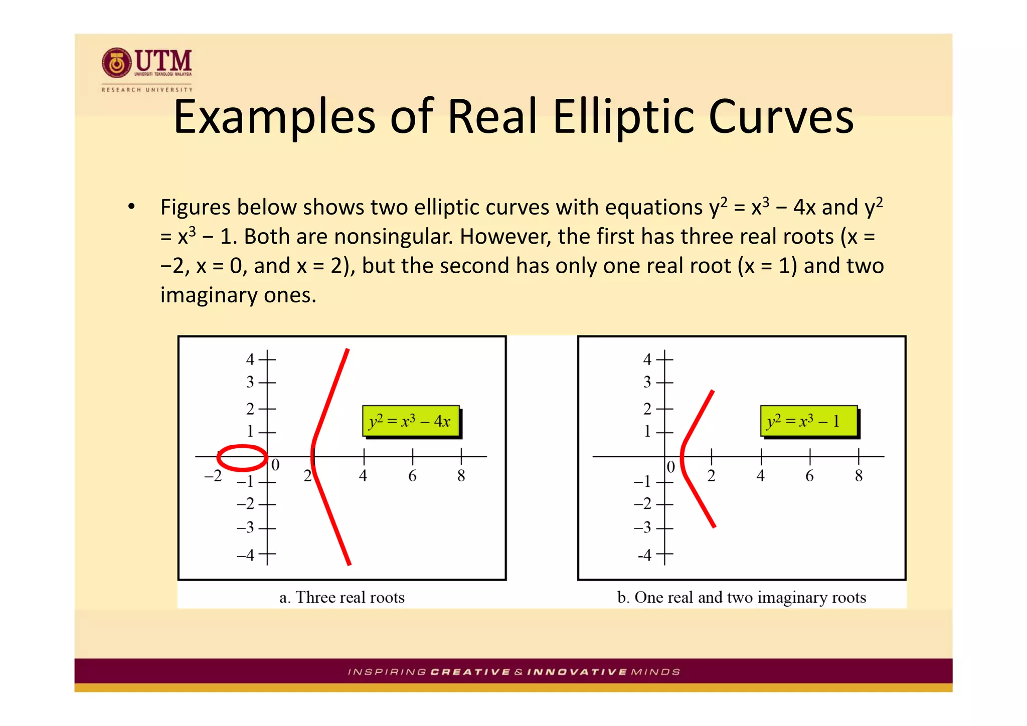 Examples of Real Elliptic Curves
     Examples of Real Elliptic Curves
•   Figures below shows two elliptic curves with equations y2 = x3 − 4x and y2
             b l     h           ll              h                           d
    = x3 − 1. Both are nonsingular. However, the first has three real roots (x = 
    −2, x = 0, and x = 2), but the second has only one real root (x = 1) and two 
    imaginary ones.
 