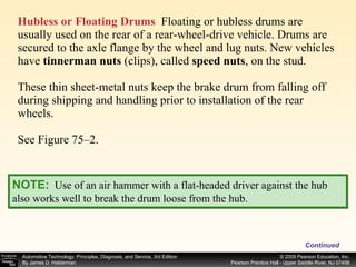 Hubless or Floating Drums   Floating or hubless drums are usually used on the rear of a rear-wheel-drive vehicle. Drums are secured to the axle flange by the wheel and lug nuts. New vehicles have  tinnerman nuts  (clips), called  speed nuts , on the stud. These thin sheet-metal nuts keep the brake drum from falling off during shipping and handling prior to installation of the rear wheels. See Figure 75–2. Continued NOTE:   Use of an air hammer with a flat-headed driver against the hub also works well to break the drum loose from the hub. 