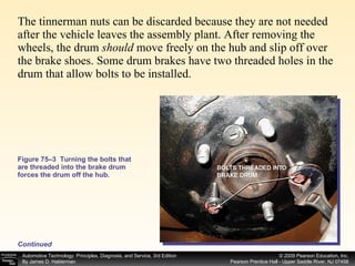 The tinnerman nuts can be discarded because they are not needed after the vehicle leaves the assembly plant. After removing the wheels, the drum  should  move freely on the hub and slip off over the brake shoes. Some drum brakes have two threaded holes in the drum that allow bolts to be installed.  Figure 75–3  Turning the bolts that are threaded into the brake drum forces the drum off the hub. Continued 