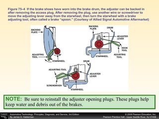 Figure 75–4  If the brake shoes have worn into the brake drum, the adjuster can be backed in after removing the access plug. After removing the plug, use another wire or screwdriver to move the adjusting lever away from the starwheel, then turn the starwheel with a brake adjusting tool, often called a brake “spoon.” (Courtesy of Allied Signal Automotive Aftermarket) NOTE:   Be sure to reinstall the adjuster opening plugs. These plugs help keep water and debris out of the brakes. 