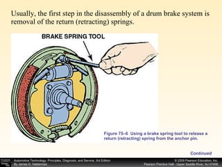 Figure 75–6  Using a brake spring tool to release a return (retracting) spring from the anchor pin. Usually, the first step in the disassembly of a drum brake system is removal of the return (retracting) springs.  Continued 