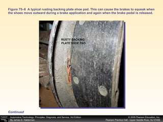 Figure 75–8  A typical rusting backing plate shoe pad. This can cause the brakes to squeak when the shoes move outward during a brake application and again when the brake pedal is released. Continued 