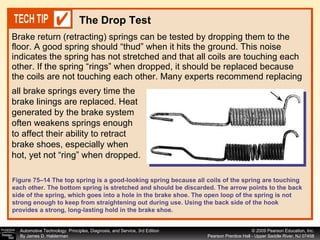 Brake return (retracting) springs can be tested by dropping them to the floor. A good spring should “thud” when it hits the ground. This noise indicates the spring has not stretched and that all coils are touching each other. If the spring “rings” when dropped, it should be replaced because the coils are not touching each other. Many experts recommend replacing  The Drop Test all brake springs every time the brake linings are replaced. Heat generated by the brake system often weakens springs enough to affect their ability to retract brake shoes, especially when hot, yet not “ring” when dropped. Figure 75–14 The top spring is a good-looking spring because all coils of the spring are touching each other. The bottom spring is stretched and should be discarded. The arrow points to the back side of the spring, which goes into a hole in the brake shoe. The open loop of the spring is not strong enough to keep from straightening out during use. Using the back side of the hook provides a strong, long-lasting hold in the brake shoe. 
