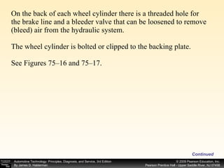 On the back of each wheel cylinder there is a threaded hole for the brake line and a bleeder valve that can be loosened to remove (bleed) air from the hydraulic system. The wheel cylinder is bolted or clipped to the backing plate. See Figures 75–16 and 75–17. Continued 